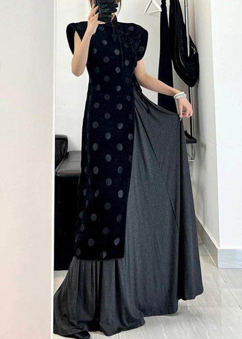 Chinese Style Black Asymmetrical Lace Up Cotton Dress Summer