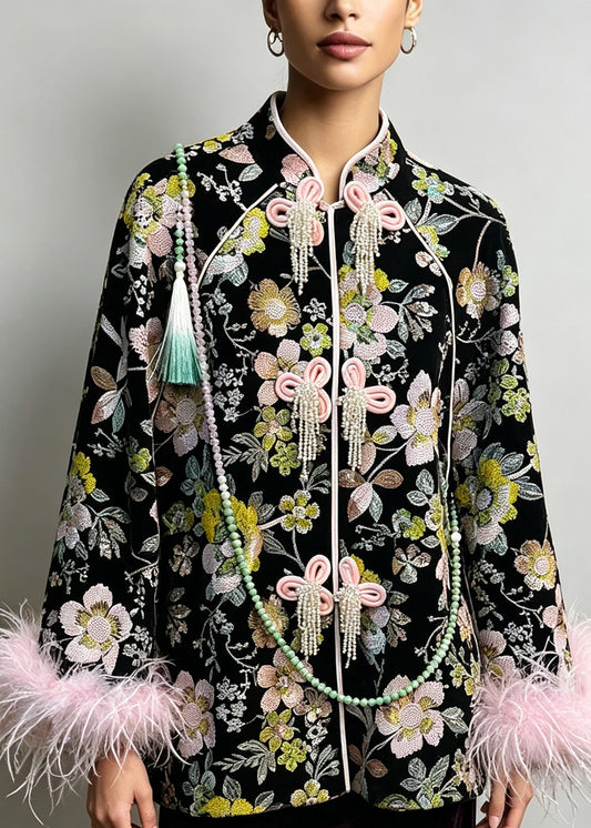 Chinese Style Black Embroidered Fine Cotton Filled Coat Winter