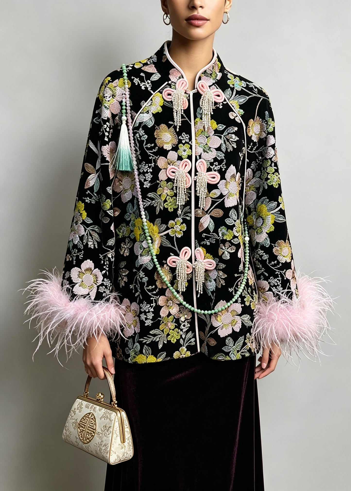 Chinese Style Black Embroidered Fine Cotton Filled Coat Winter