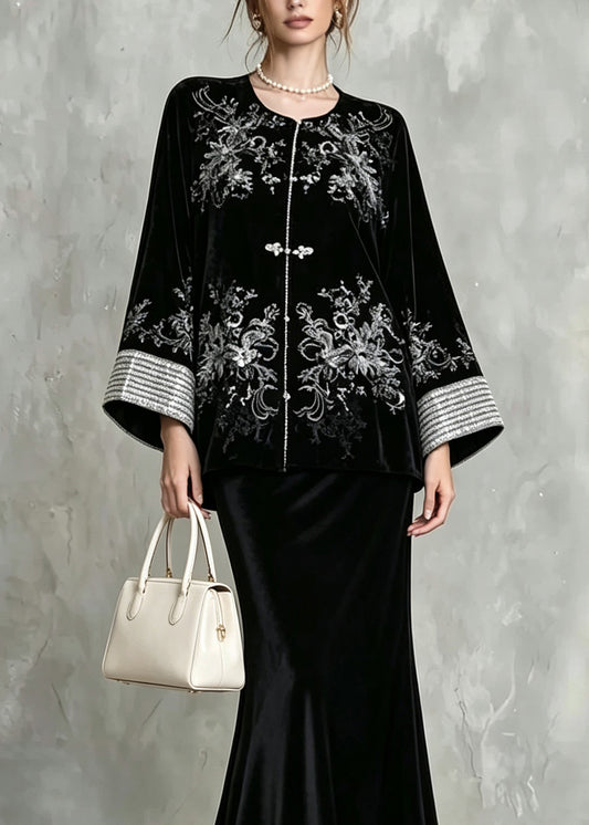 Chinese Style Black Embroidered Sequins Velvet 3 Piece Outfit Fall