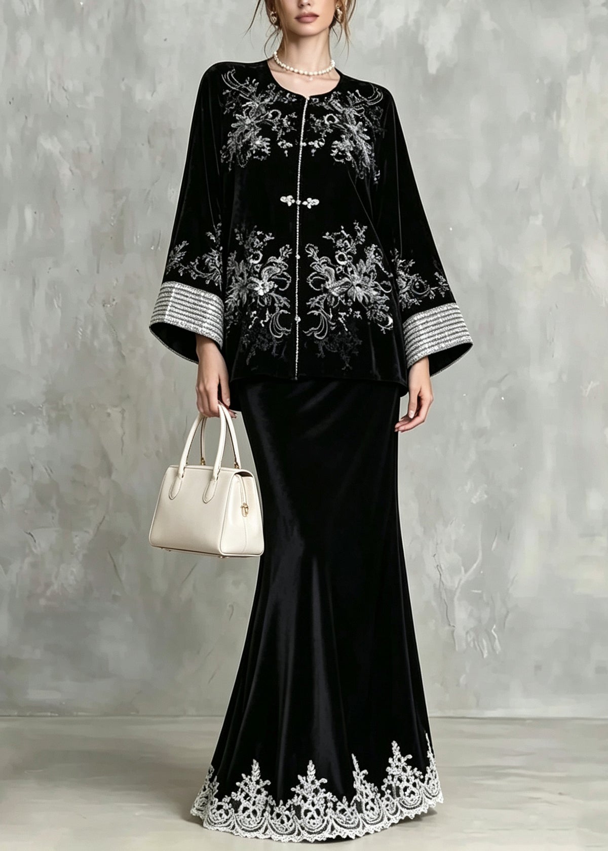 Chinese Style Black Embroidered Sequins Velvet 3 Piece Outfit Fall