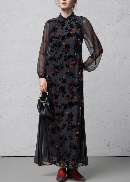 Chinese Style Black Flocked Jacquard Stand Collar Dresses Spring