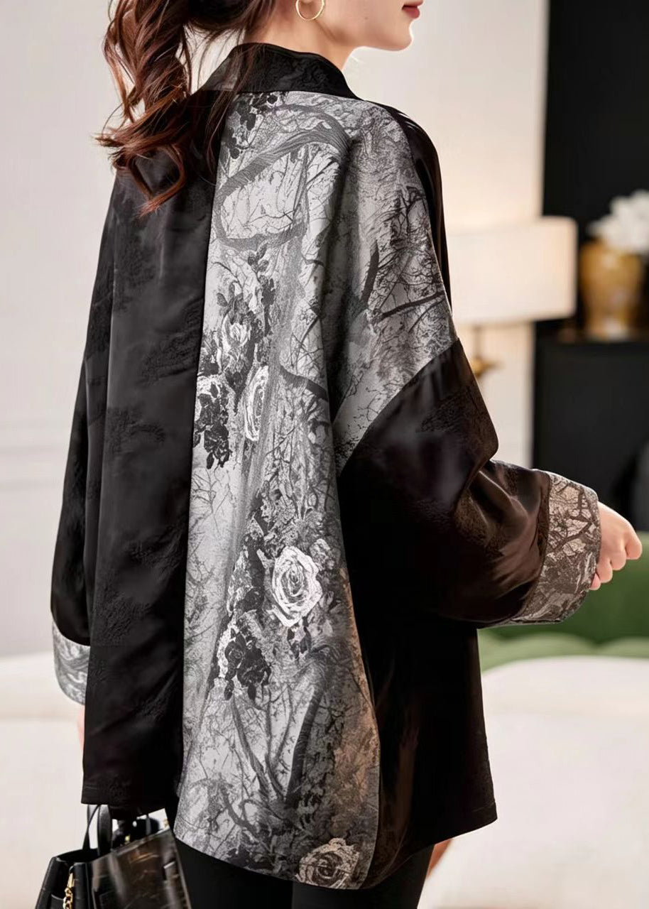 Chinese Style Black Grey V Neck One Frog Button Jacquard Coat Fall