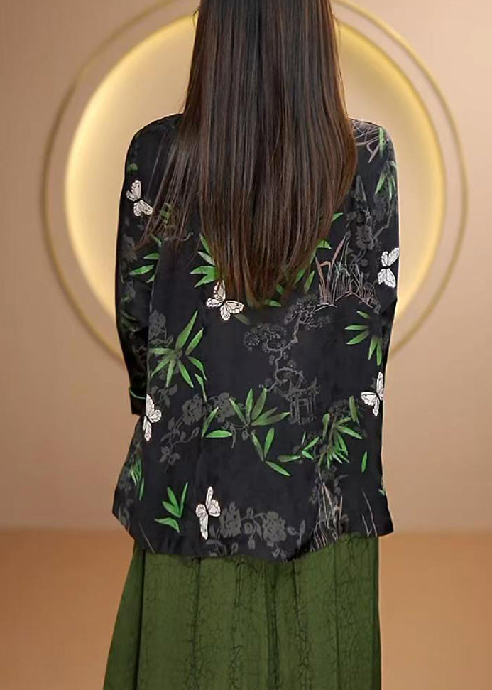 Chinese Style Black O Neck Print Button Silk Cardigan Fall