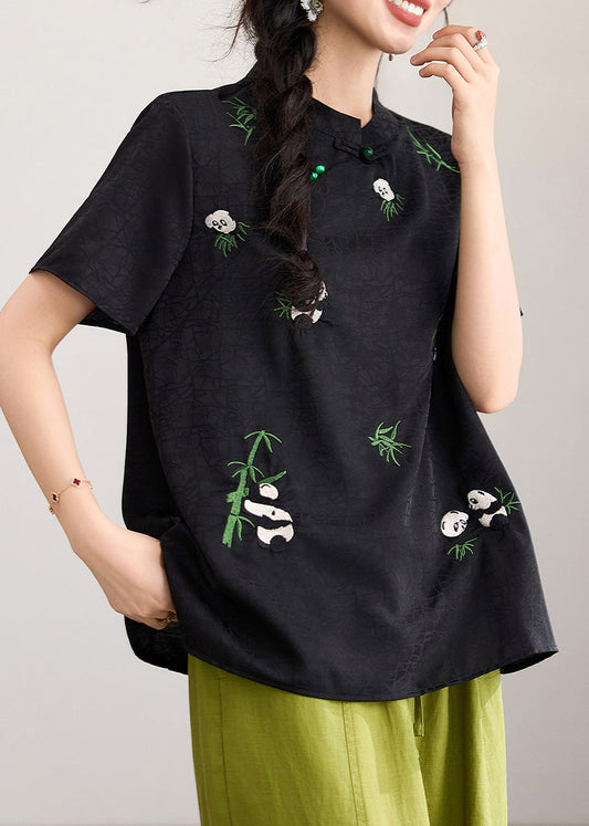 Chinese Style Black Stand Collar Embroidered Tops Short Sleeve
