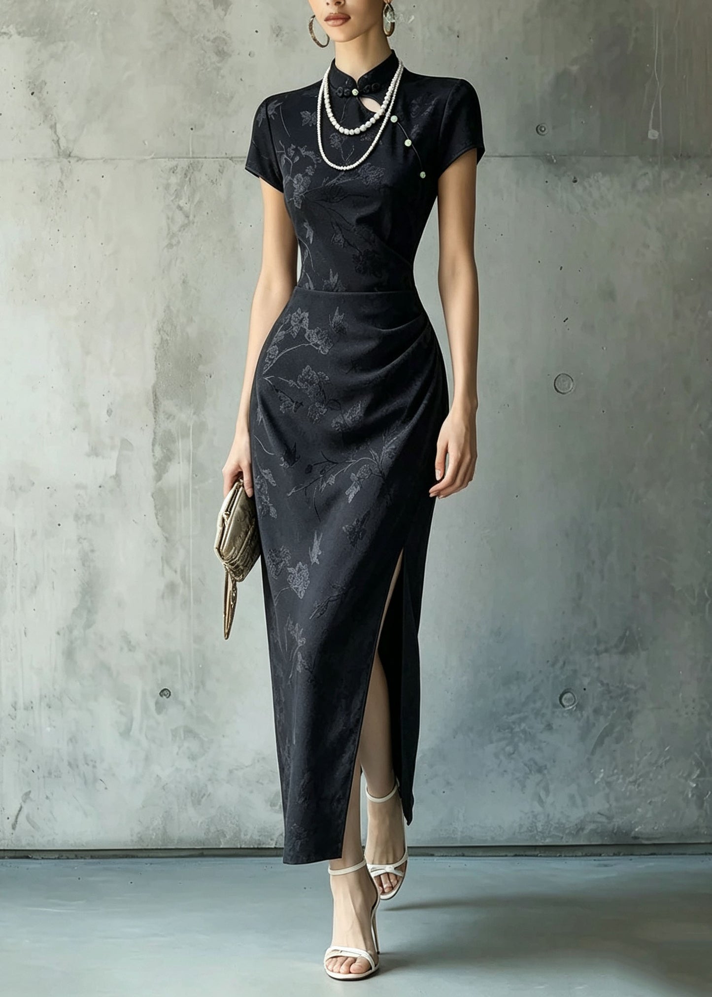 Chinese Style Black Stand Collar Jacquard Side Open Silk Dress Summer