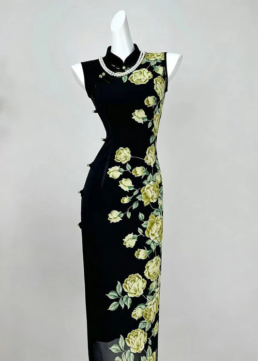 Chinese Style Black Stand Collar Print Dresses Sleeveless
