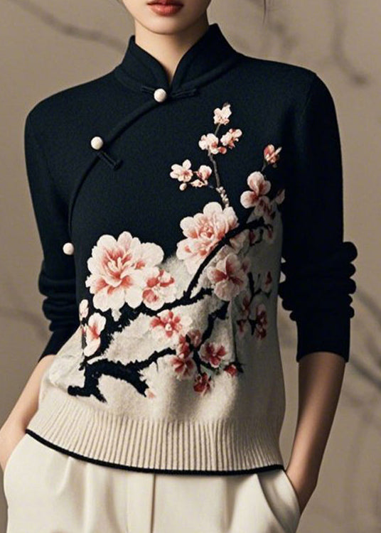 Chinese Style Black Stand Collar Print Knit Sweaters Winter