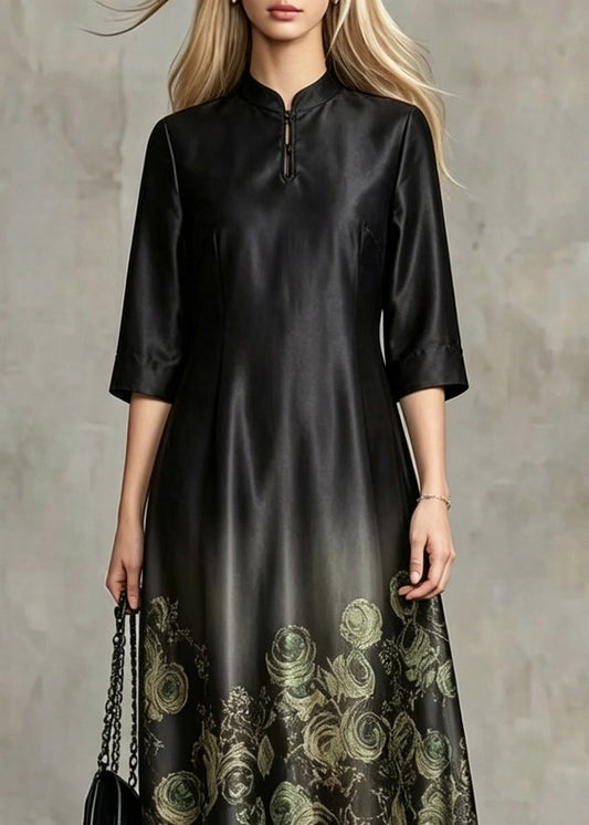 Chinese Style Black Stand Collar Print Silk Long Dresses Summer