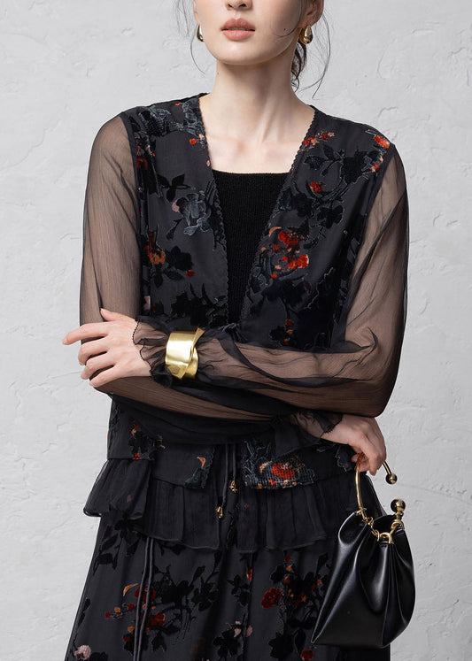 Chinese Style Black V Neck Jacquard Lace Up Silk Cardigans Summer