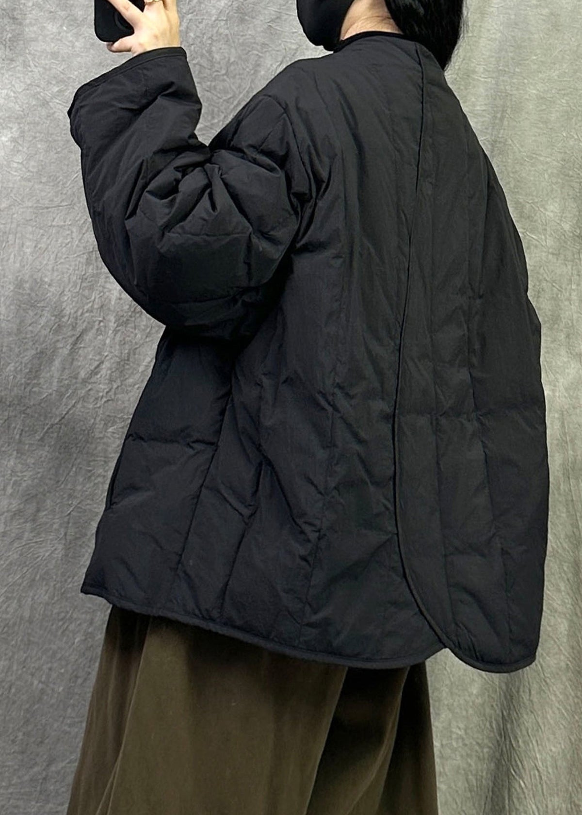 Chinese Style Black V Neck Pockets Duck Down Winter Coats
