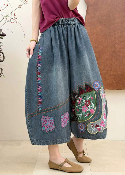 Chinese Style Blue Embroidered Elastic Waist Crop Jeans Fall