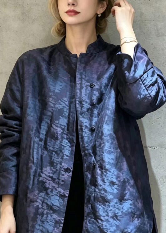 Chinese Style Blue Jacquard Stand Collar Fine Cotton Filled Puffer Jacket Winter