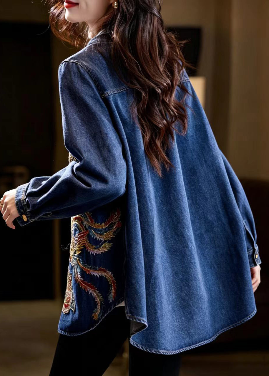 Chinese Style Blue O-Neck Nail Bead Embroidered Denim Jacket Fall