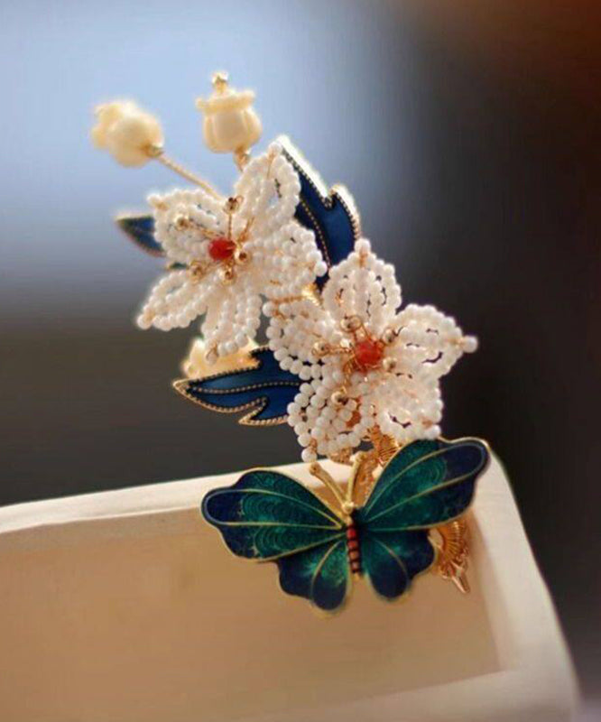 Chinese Style Blue Peony Alloy Pearl Enameling Tassel Hairpin