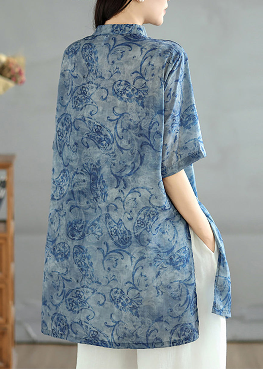Chinese Style Blue Print Stand Collar Tops Short Sleeve