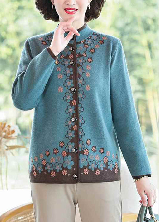 Chinese Style Blue Stand Collar Button Cotton Knit Cardigans Fall