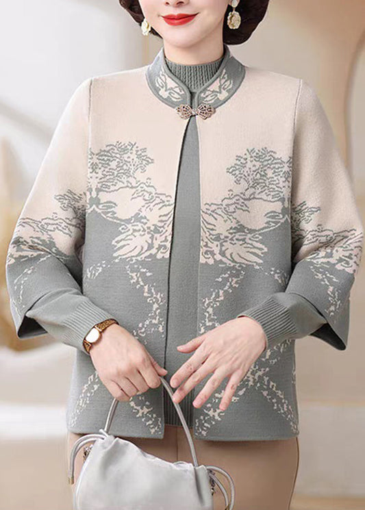 Chinese Style Blue Stand Collar Cotton Knit Cardigans And Sweater Two Pieces Set Spring