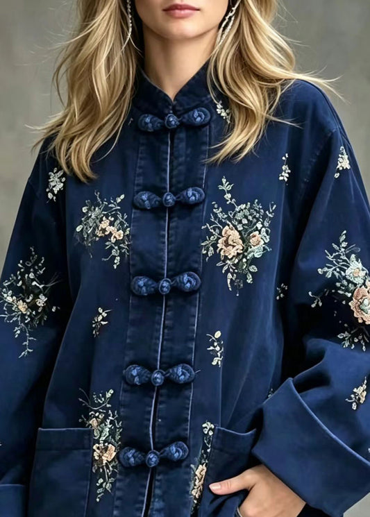 Chinese Style Blue Stand Collar Frog Buttons Pockets Sequins Floral Coats Fall