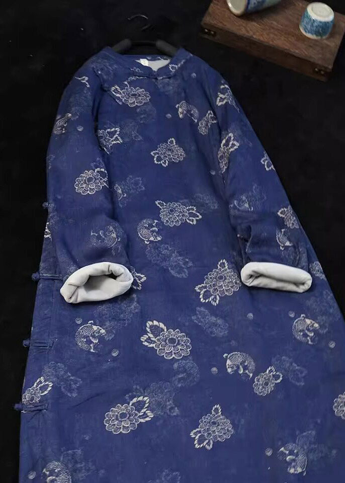 Chinese Style Blue Stand Collar Print Button Long Parka Winter