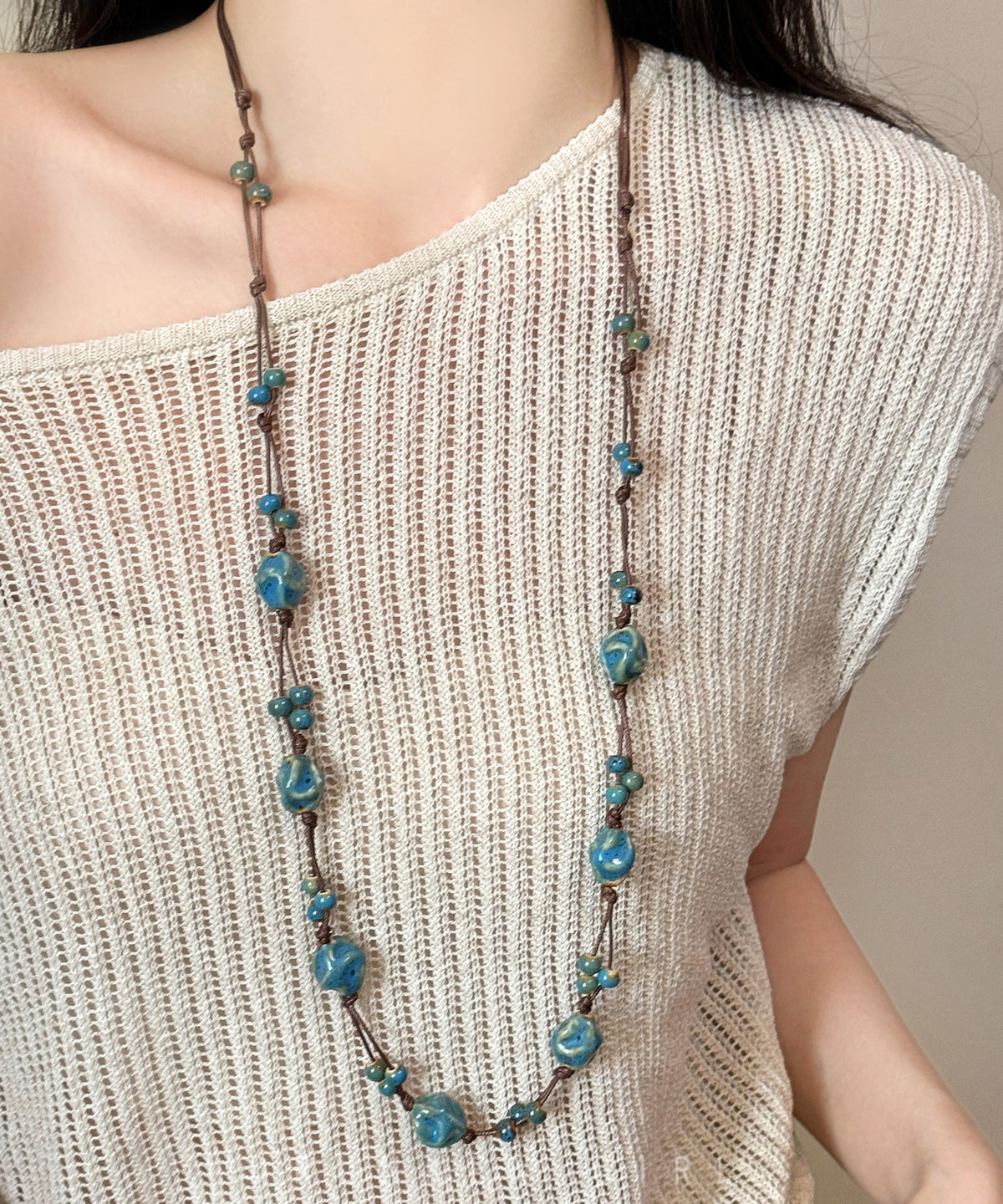 Chinese Style Blue Weave Asymmetrical Ceramics Beading Sweater Lariat Necklace