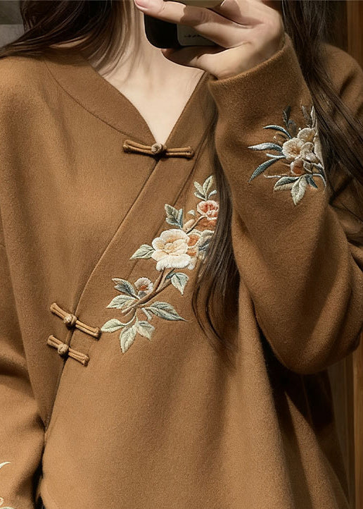 Chinese Style Brown V Neck Floral Knit Sweater Spring