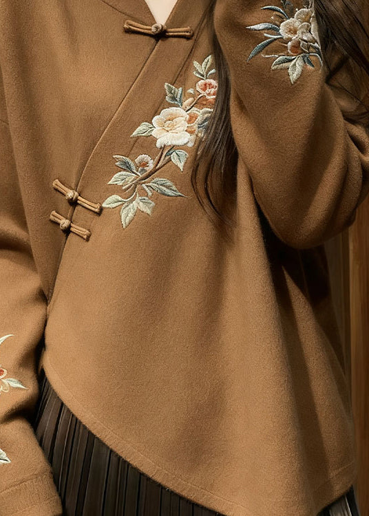 Chinese Style Brown V Neck Floral Knit Sweater Spring