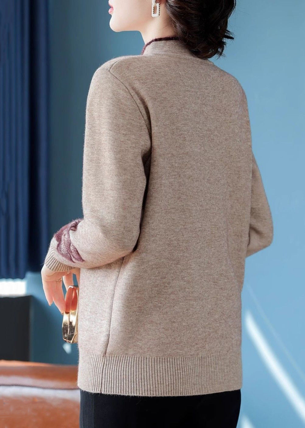 Chinese Style Camel Stand Collar Zircon Warm Fleece Sweater Winter