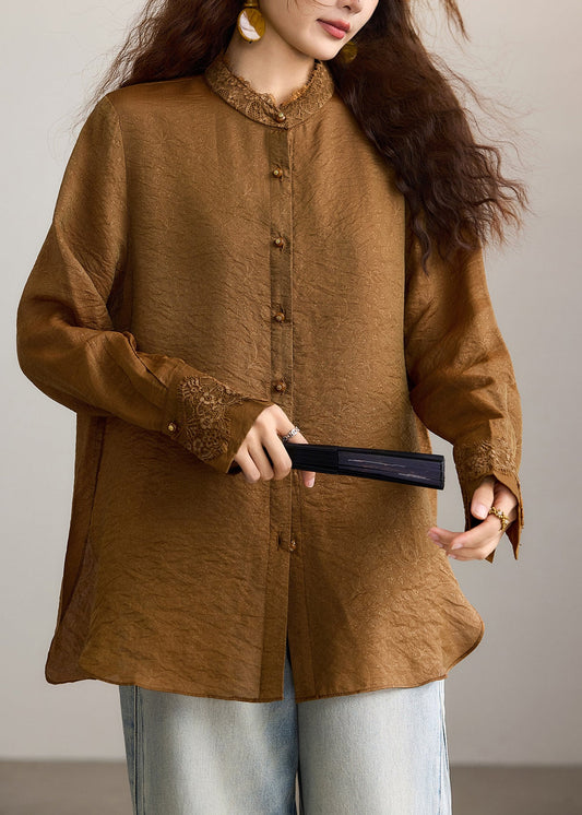 Chinese Style Caramel Brown Stand Collar Lace Shirt Tops Fall