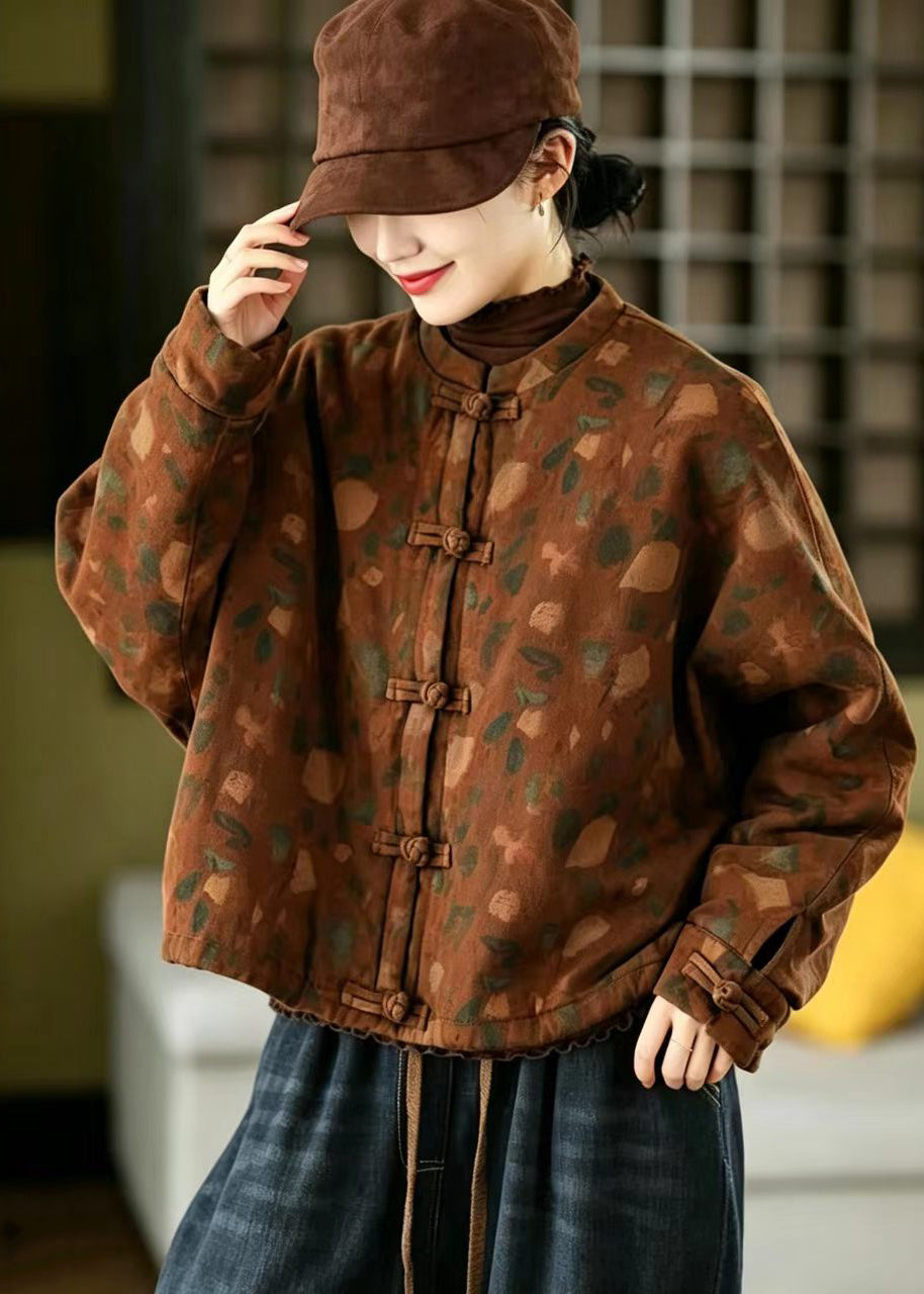 Chinese Style Caramel Orange Frog Button Print Cotton Filled Jacket Winter