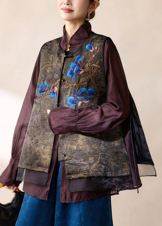 Chinese Style Coffee Jacquard O-Neck Embroideried Waistcoat Sleeveless
