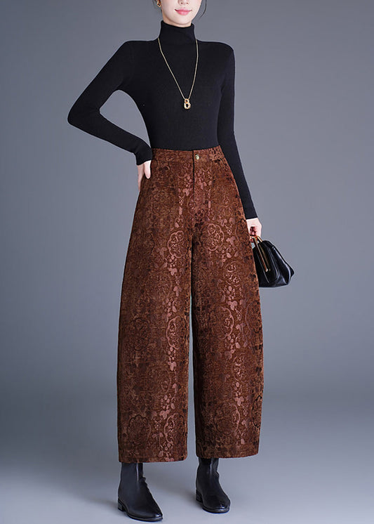Chinese Style Coffee Jacquard Pockets High Waist Draping Wide Leg Crop Pants Fall