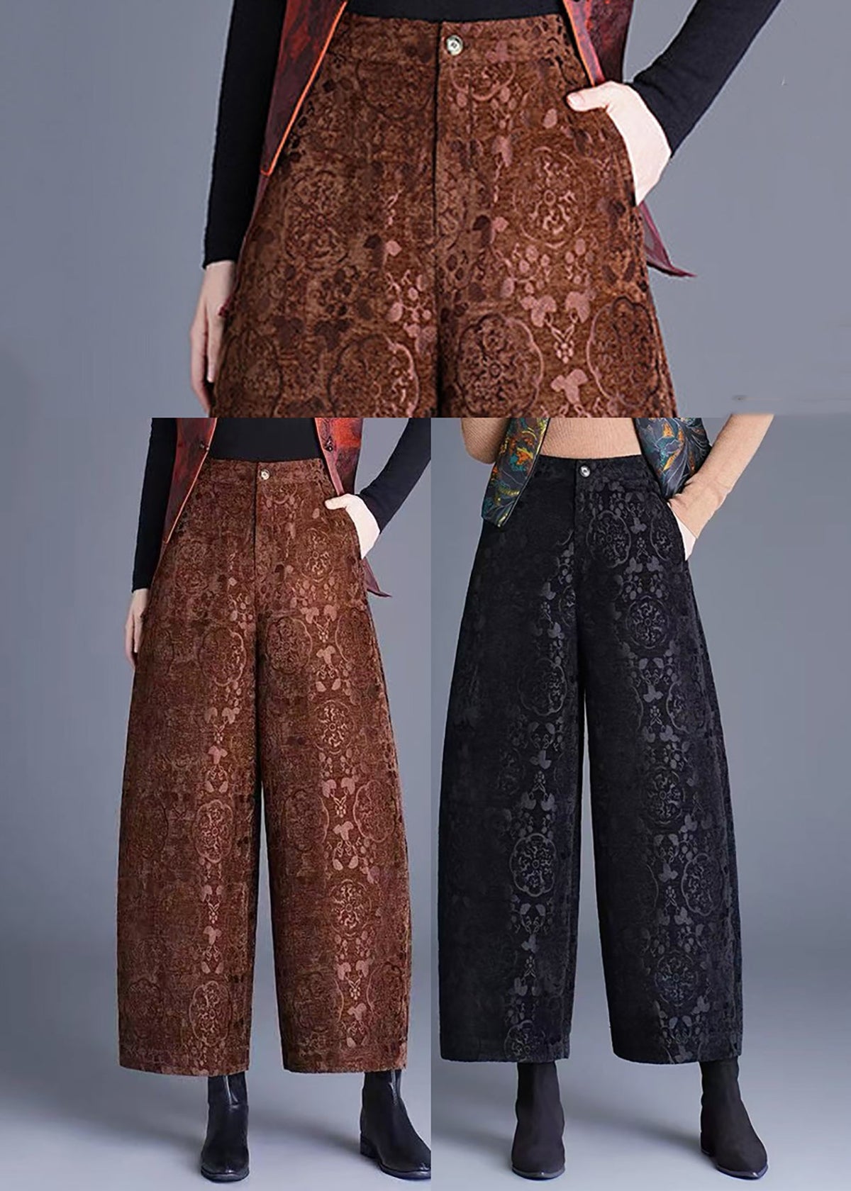Chinese Style Coffee Jacquard Pockets High Waist Draping Wide Leg Crop Pants Fall