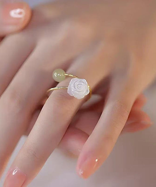 Chinese Style Colorblock Sterling Silver Overgild Jade Rose Rings