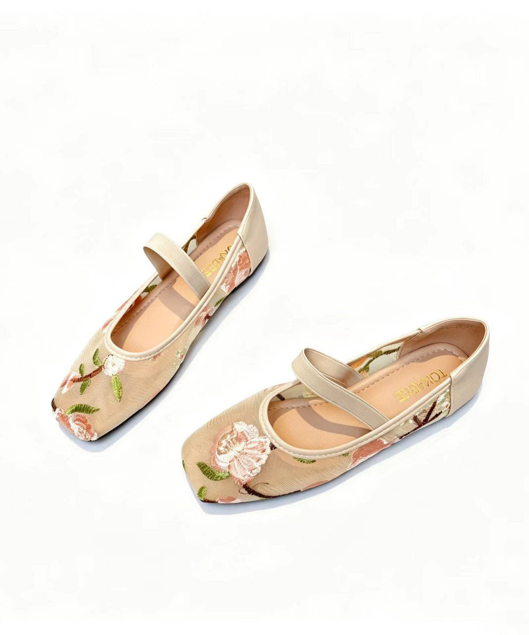 Chinese Style Comfy Flats Apricot Breathable Mesh Embroidered