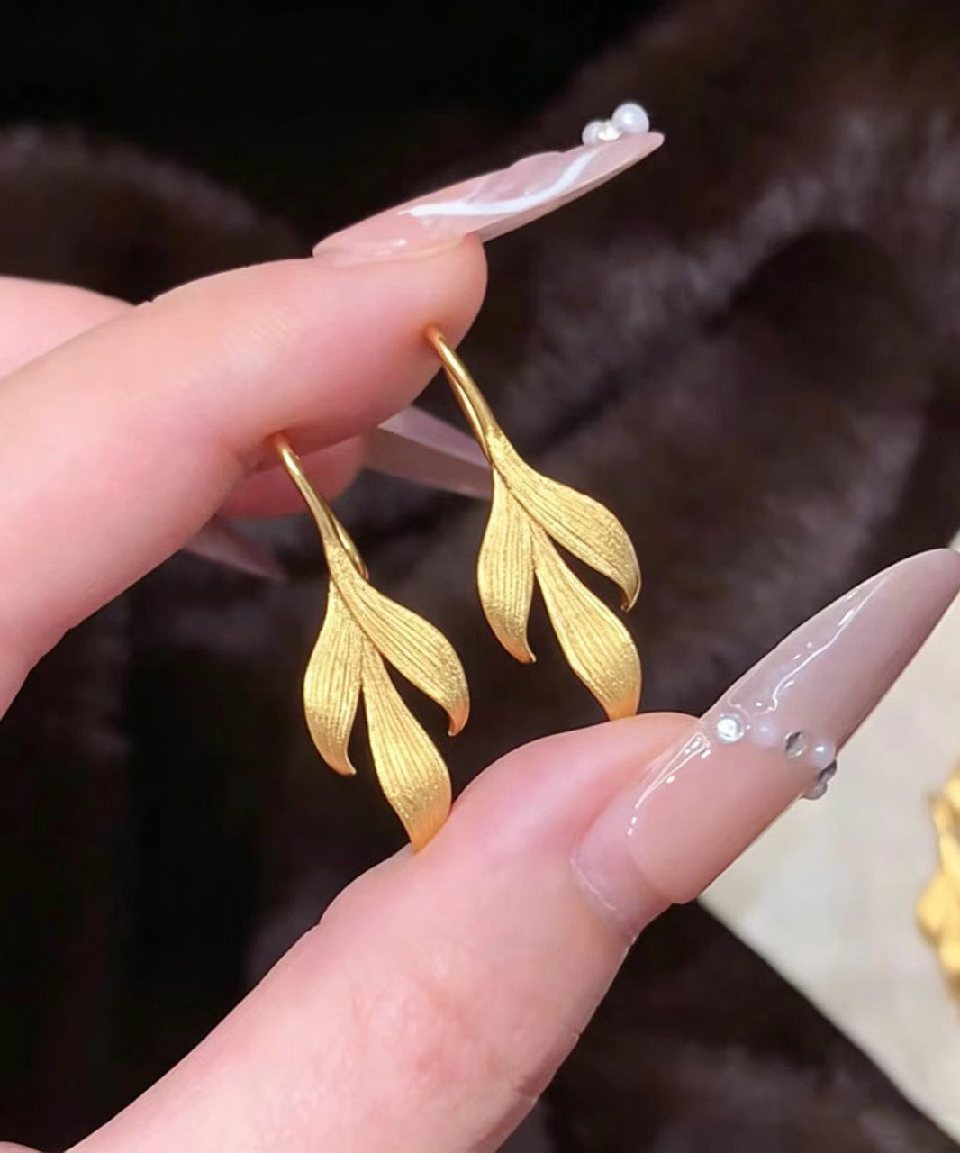 Chinese Style Gold Alloy Leaf Drop Earrings