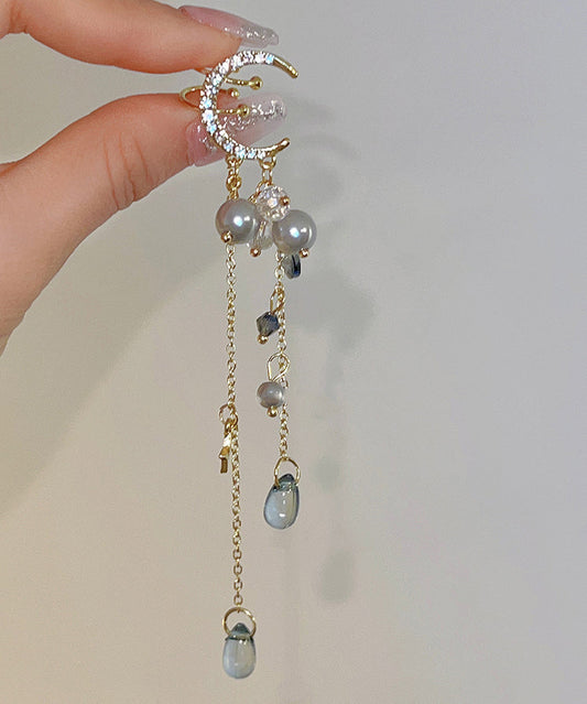 Chinese Style Gold Copper Overgild Zircon Moon Tassel Drop Earrings