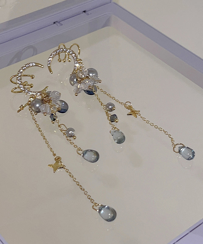 Chinese Style Gold Copper Overgild Zircon Moon Tassel Drop Earrings