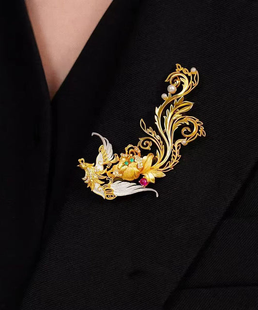 Chinese Style Gold Filigree Phoenix Imitation Pearl Alloy Brooches