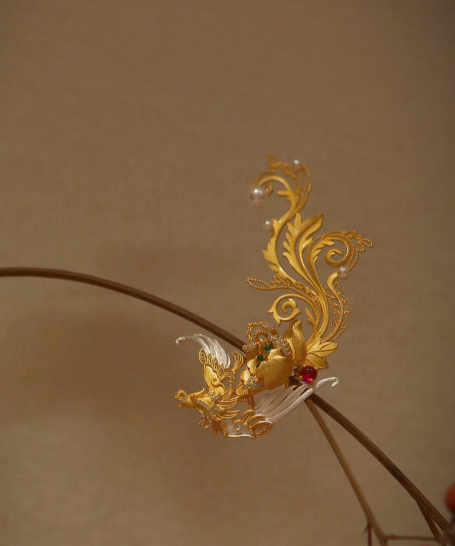 Chinese Style Gold Filigree Phoenix Imitation Pearl Alloy Brooches