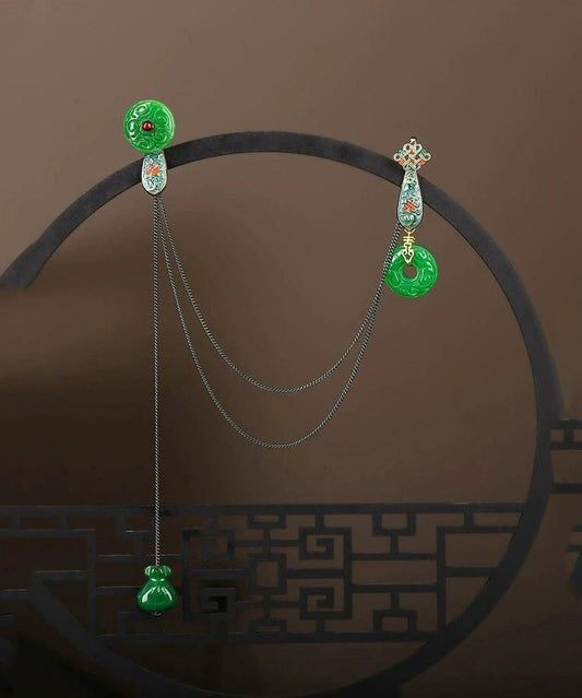 Chinese Style Green Jade Cloisonne Pomegranate Garnet Tassel Brooches