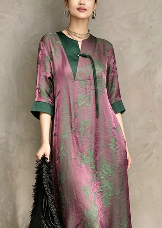 Chinese Style Green O-Neck Print Asymmetrical Long Dress Short Sleeve