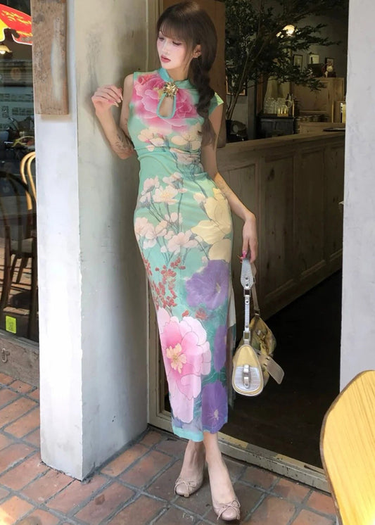Chinese Style Green Print Side Open Long Dress Summer