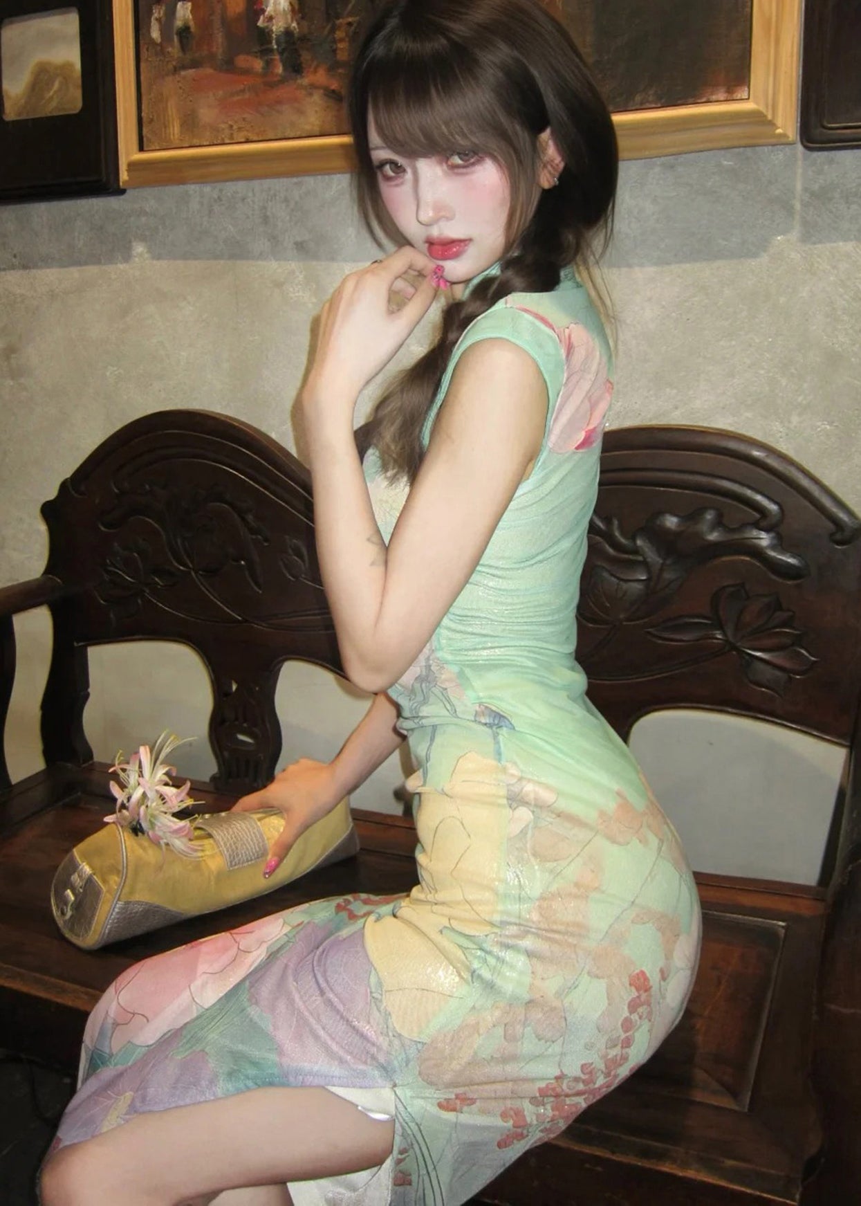 Chinese Style Green Print Side Open Long Dress Summer
