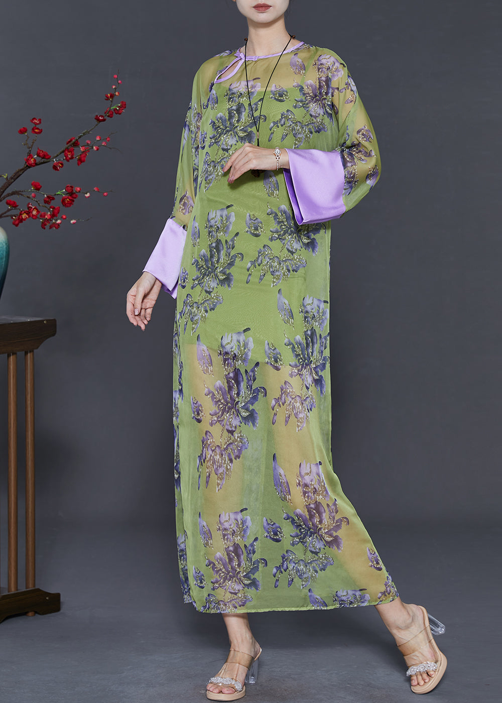 Chinese Style Green Print Silk Cheongsam Dress Summer