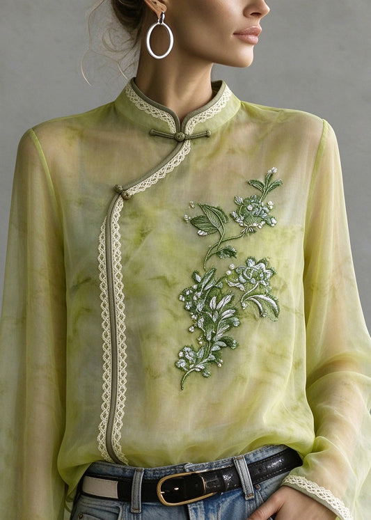 Chinese Style Green Stand Collar Embroidered Patchwork Silk Shirts Fall
