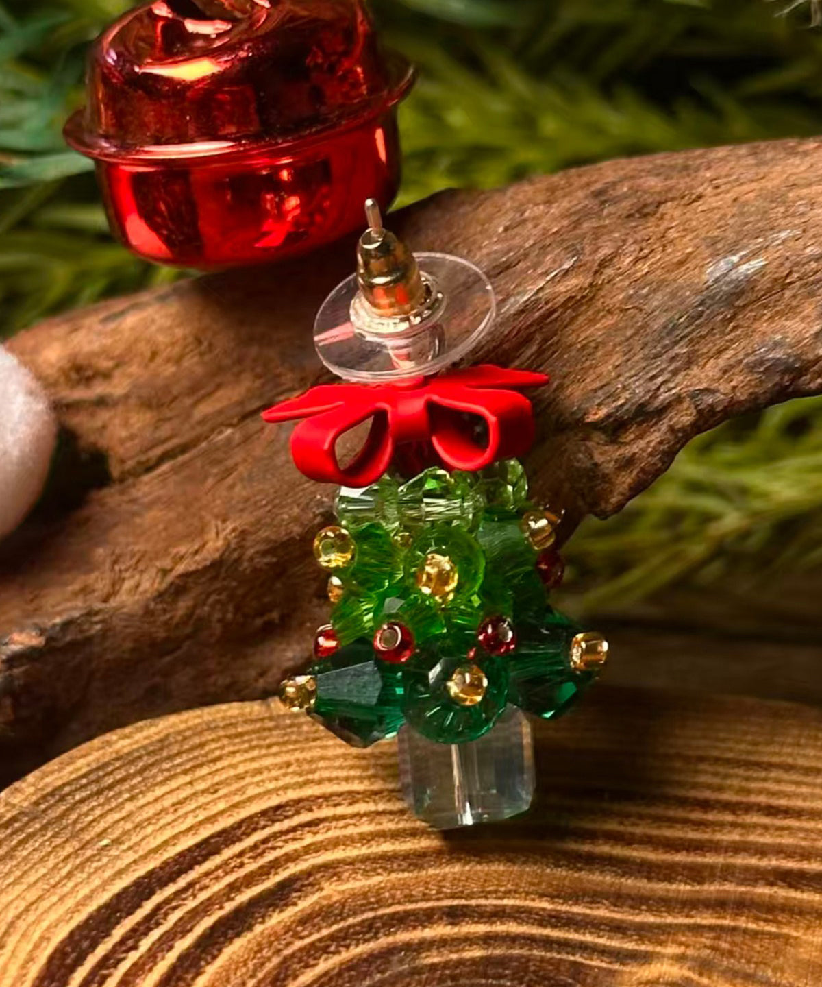 Chinese Style Green Sterling Silver Overgild Christmas Tree Bow Stud Earrings