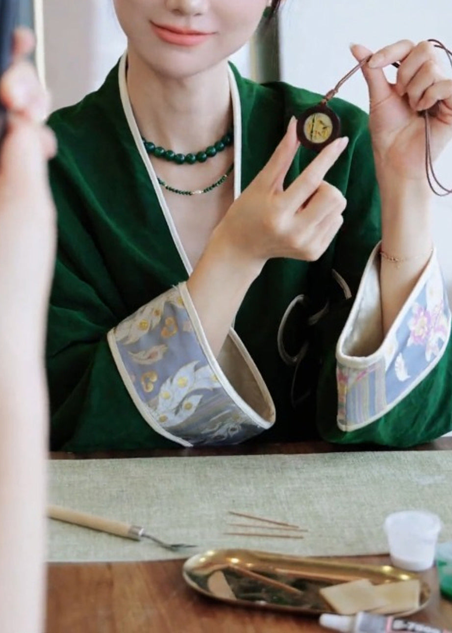 Chinese Style Green V Neck Patchwork Cotton Cardigan Spring