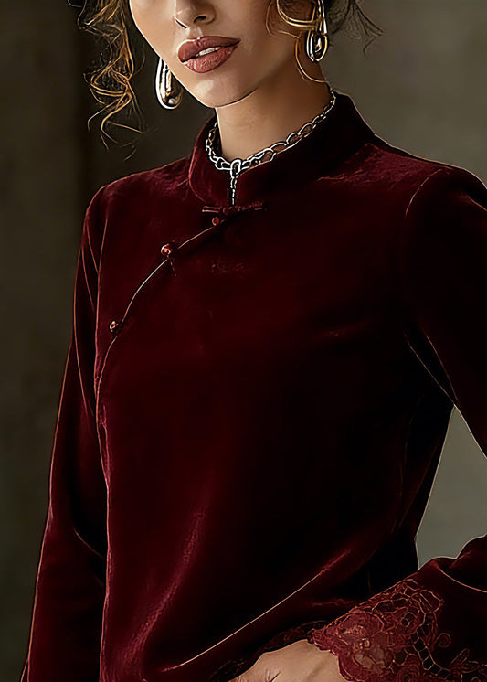 Chinese Style Mulberry Stand Collar Patchwork Top Spring