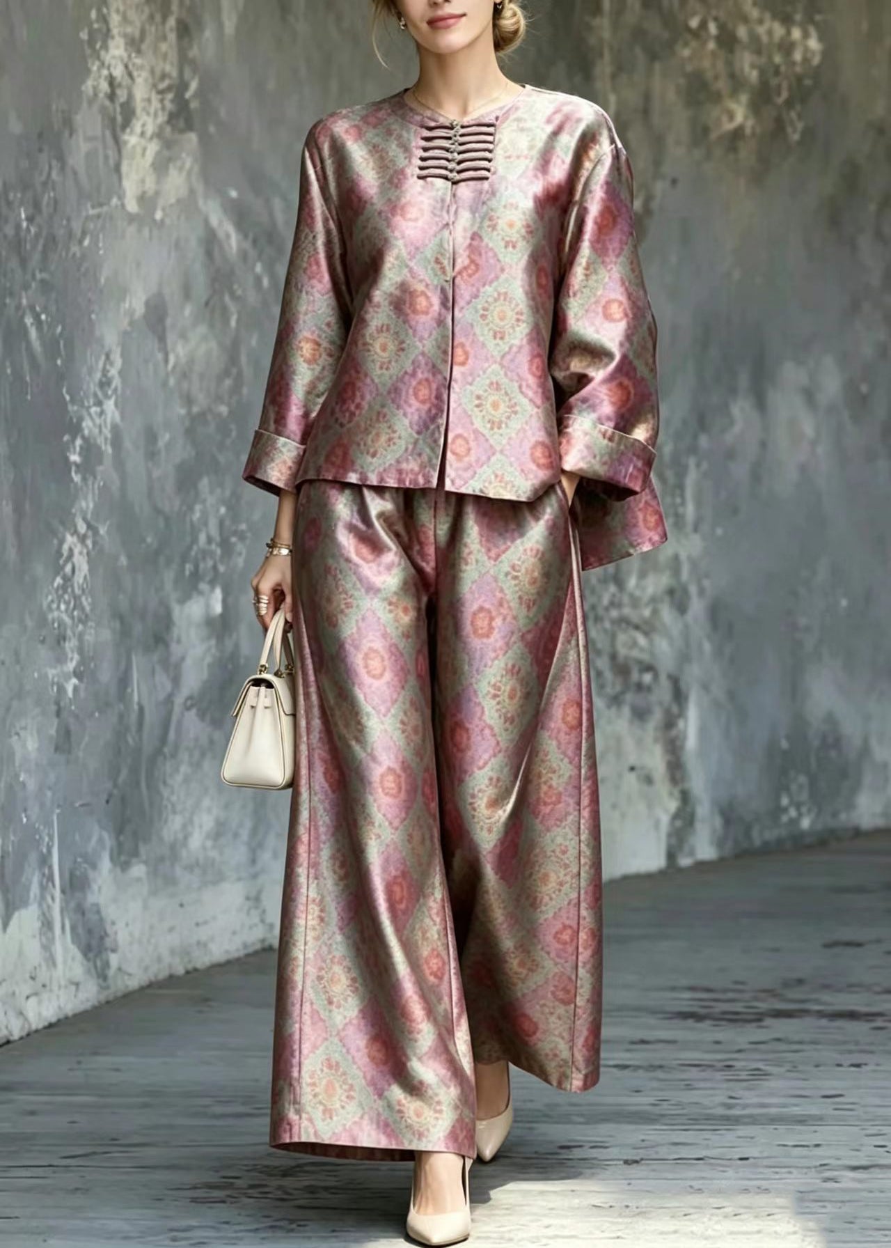 Chinese Style O-Neck Print Top And Wide Leg Pants Two Piece Set Outfits Fall